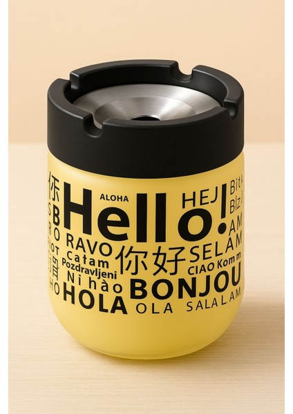 Sarı Cam Gövdeli, Içi Metal Döner Kapaklı Küllük, Şık ve Pratik Tasarım