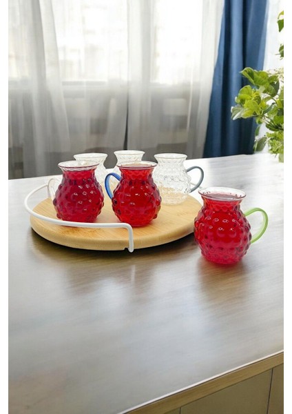 Renkli Kulplu Cam Üzüm 175ML 6'lı Boncuk Desenli Bardak Seti