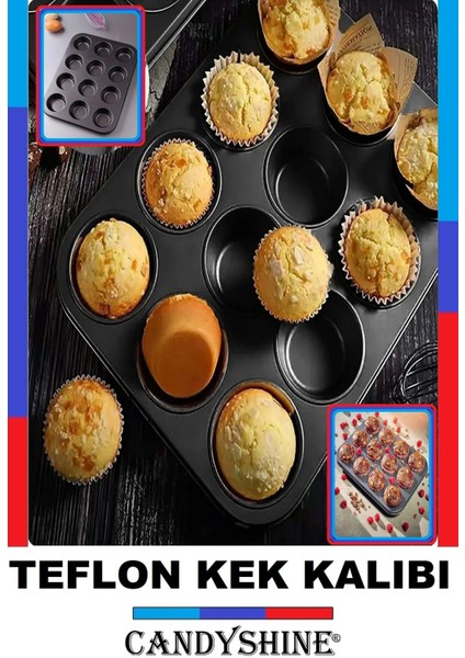 12'li Teflon Muffin Cupcake Fırın Tepsisi, Siyah, Yapışmaz, Kek ve Çörek Için