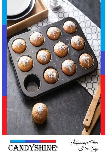 12'li Teflon Muffin Cupcake Fırın Tepsisi, Siyah, Yapışmaz, Kek ve Çörek Için fiyatları