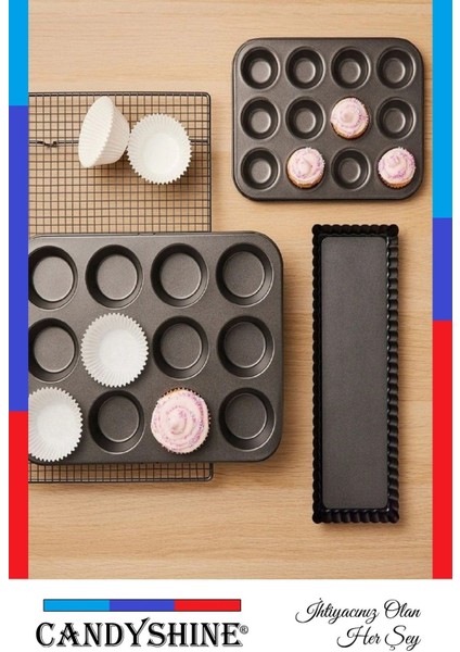 12'li Teflon Muffin Cupcake Fırın Tepsisi, Siyah, Yapışmaz, Kek ve Çörek Için