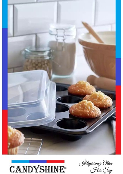 12'li Teflon Muffin Cupcake Fırın Tepsisi, Siyah, Yapışmaz, Kek ve Çörek Için