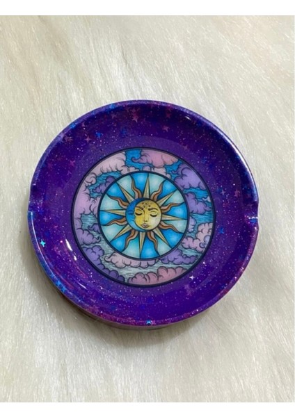Çok Renkli Mistik Güneş, Bulut ve Ay Desenli Yuvarlak Epoksi Küllük
