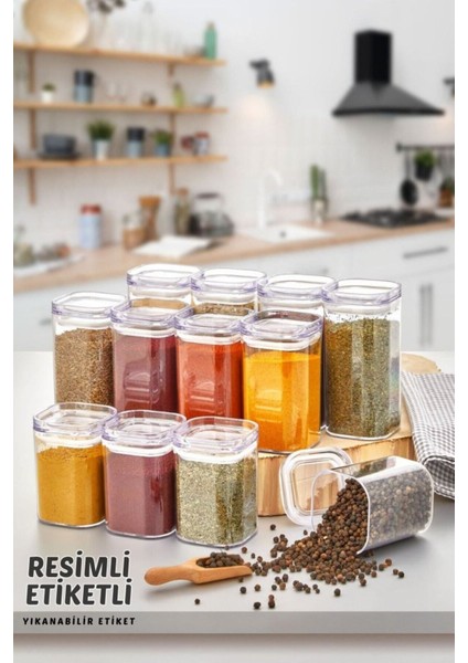 12'li Akrilik Vakumlu Kare Baharatlık Seti, 300 Ml, Sızdırmaz, Resimli Etiketli