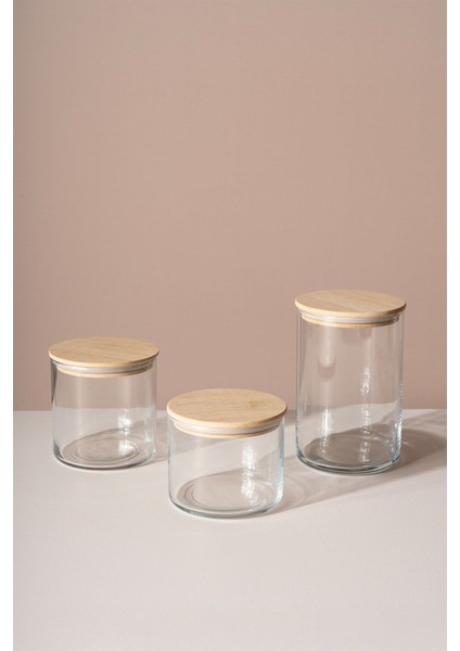 Şık 3'lü Cam Kavanoz Seti, 535 Cc, 680 cc ve 1050 Cc, Bej Renkli