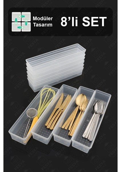 8'li Modüler Çok Renkli Kaşıklık Çatal Bıçak Çekmece Organizeri