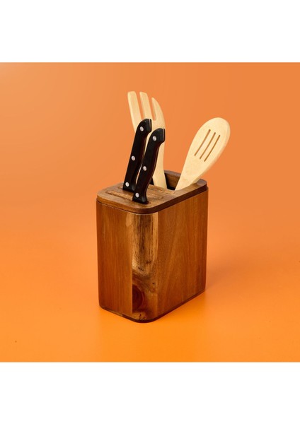 Kahverengi Akasya Kaşıklık ve Bıçaklık, 15X10X17 Cm, Şık ve Kullanışlı Mutfak Düzeni