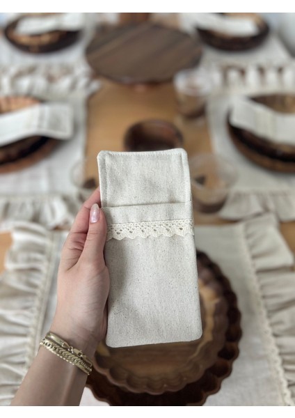 6'lı Bej Keten Sofra Kaşıklık Seti, Şık ve Doğal Sunum Aksesuarı