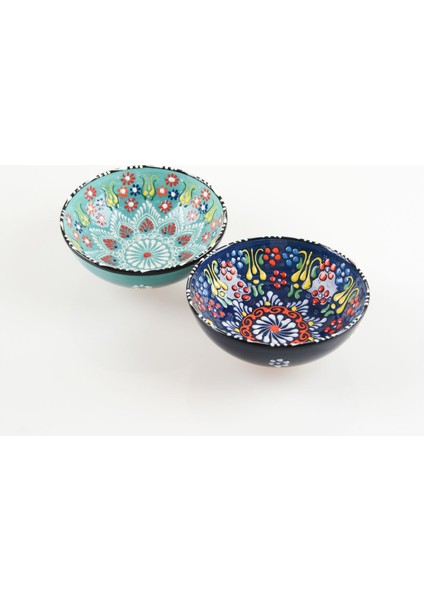 El Yapımı Su Yeşili-Lacivert Lale Motifli 15 cm Seramik Kase Takımı, 2 Adet