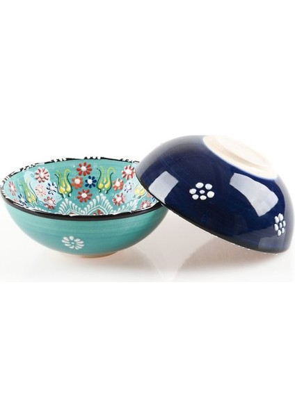 El Yapımı Su Yeşili-Lacivert Lale Motifli 15 cm Seramik Kase Takımı, 2 Adet fırsatları