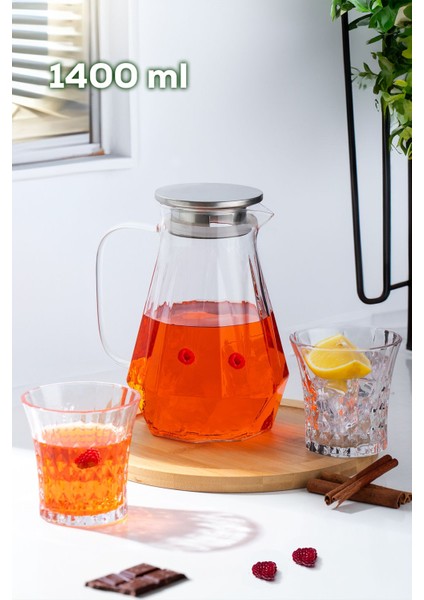 Şık Turuncu Borosilikat Cam Sürahi, Metal Kapak, 1400 Ml, Detoks ve Sıvı Sunumu