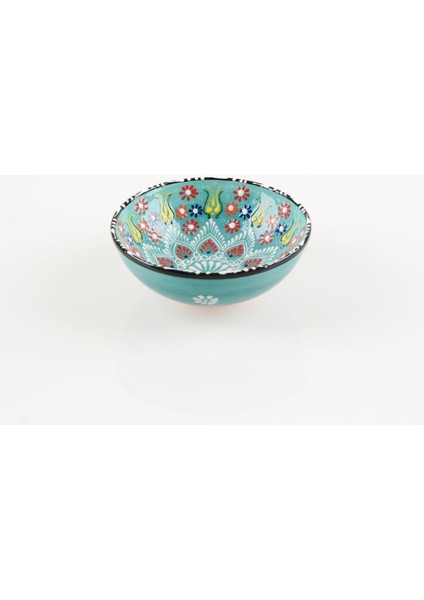 El Yapımı Su Yeşili-Lacivert Lale Motifli 15 cm Seramik Kase Takımı, 2 Adet