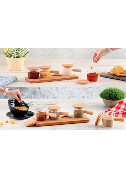 Dörtli Ahşap Stantlı Mika Baharat ve Sosluk Takımı, Şık ve Kullanışlı Set