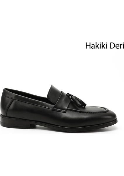 Erkek Siyah Püsküllü Hakiki Deri Loafer Ayakkabı