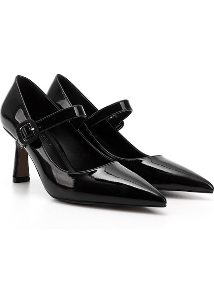 Kadın Siyah - Rugan Sivri Burun Kadeh Ökçe Mary Jane Ayakkabı modelleri