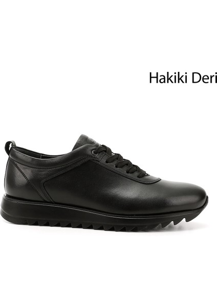 Erkek Siyah Hakiki Deri Bağcıklı Sneaker