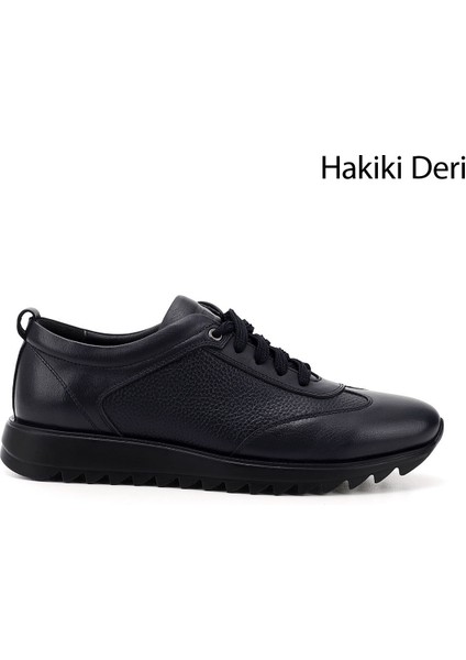 Erkek Lacivert Hakiki Deri Bağcıklı Sneaker