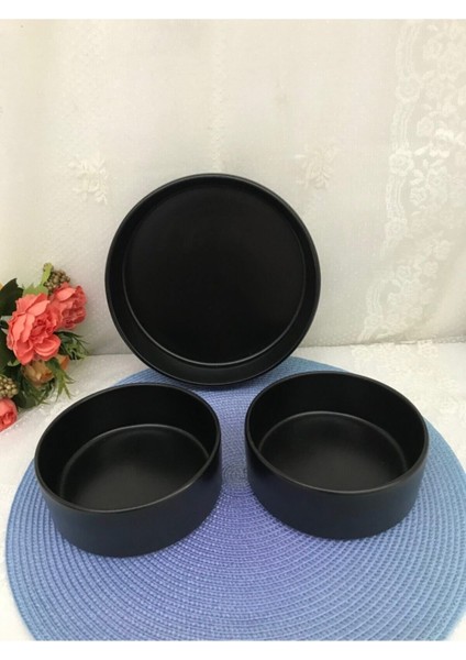 3 Parça Siyah Mat Stackable Kase Seti, 21CM ve 14CM, Şık ve Pratik Kullanım Sağlar.