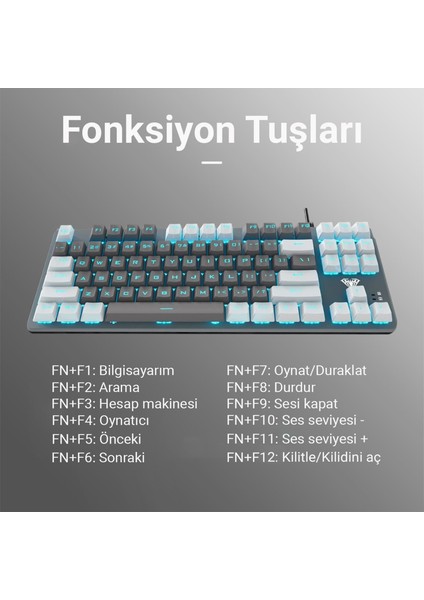 F3287 Mavi Işıklı Kablolu Mekanik Ingilizce Q Tkl Gaming Oyuncu Klavyesi Gri