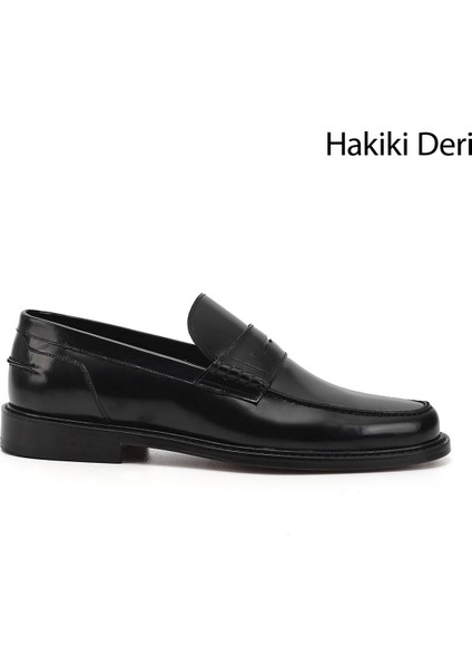 Erkek Siyah Kösele Taban Hakiki Deri Loafer Ayakkabı