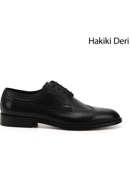 Erkek Siyah Bağcıklı Kösele Taban Hakiki Deri Klasik Ayakkabı