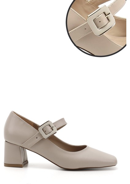 Kadın Ten Küt Burun Kare Ökçe Mary Jane Ayakkabı