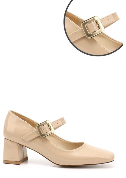 Kadın Ten - Rugan Küt Burun Kare Ökçe Mary Jane Ayakkabı