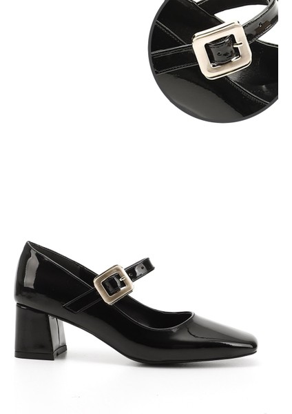 Kadın Siyah Rugan Küt Burun Kare Ökçe Mary Jane Ayakkabı