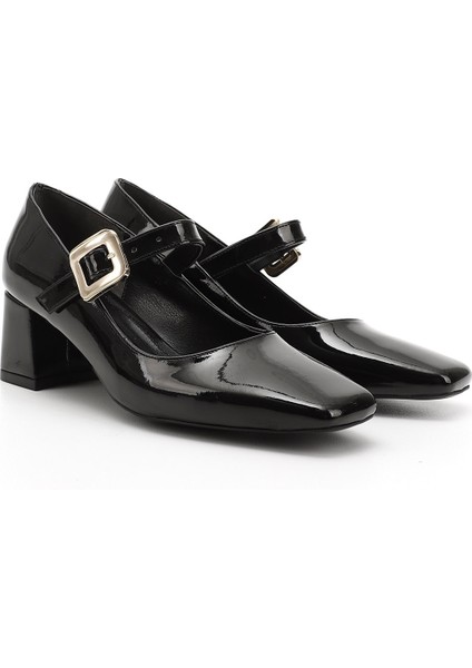 Kadın Siyah Rugan Küt Burun Kare Ökçe Mary Jane Ayakkabı modelleri