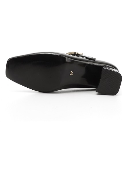 Kadın Siyah Rugan Küt Burun Kare Ökçe Mary Jane Ayakkabı indirimleri