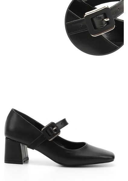 Kadın Siyah Küt Burun Kare Ökçe Mary Jane Ayakkabı