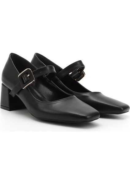 Kadın Siyah Küt Burun Kare Ökçe Mary Jane Ayakkabı fiyatları