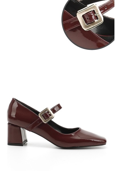 Kadın Bordo Rugan Küt Burun Kare Ökçe Mary Jane Ayakkabı