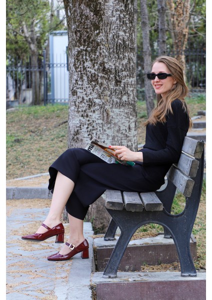 Kadın Bordo Rugan Küt Burun Kare Ökçe Mary Jane Ayakkabı fiyatları