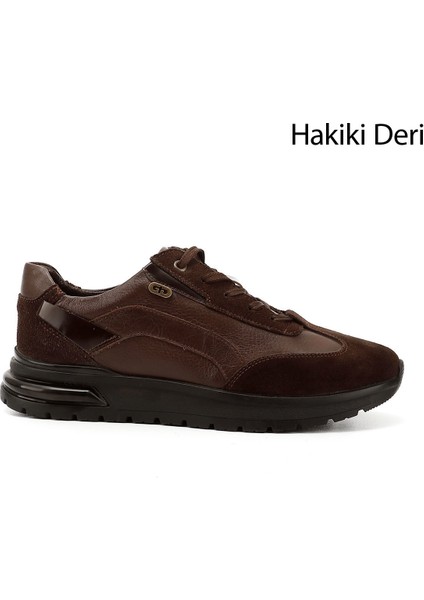 Erkek Kahve Bağcıklı Jel Tabanlıklı Hakiki Deri Sneaker