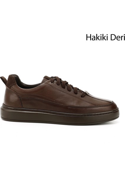 Erkek Kahverengi Bağcıklı Kauçuk Taban Hakiki Deri Sneaker