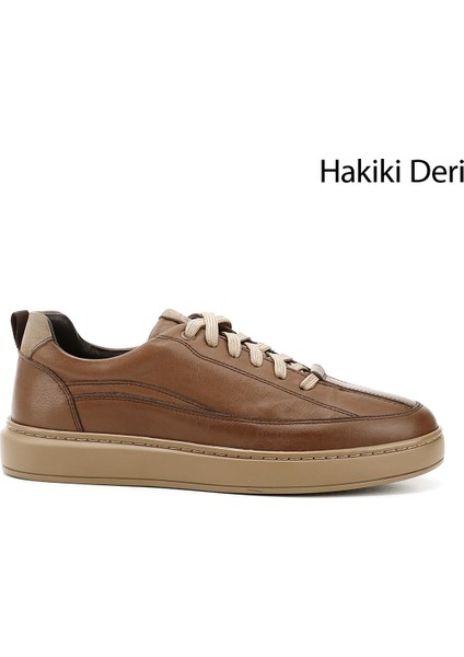 Erkek Kum Rengi Bağcıklı Kauçuk Taban Hakiki Deri Sneaker