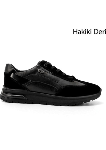 Erkek Siyah Bağcıklı Jel Tabanlıklı Hakiki Deri Sneaker