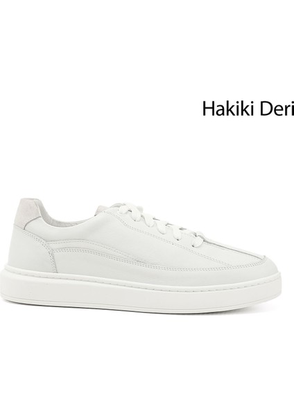 Erkek Beyaz Bağcıklı Kauçuk Taban Hakiki Deri Sneaker