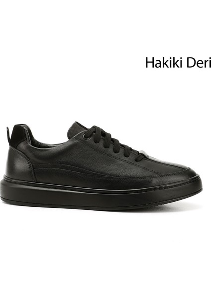 Erkek Siyah Bağcıklı Kauçuk Taban Hakiki Deri Sneaker