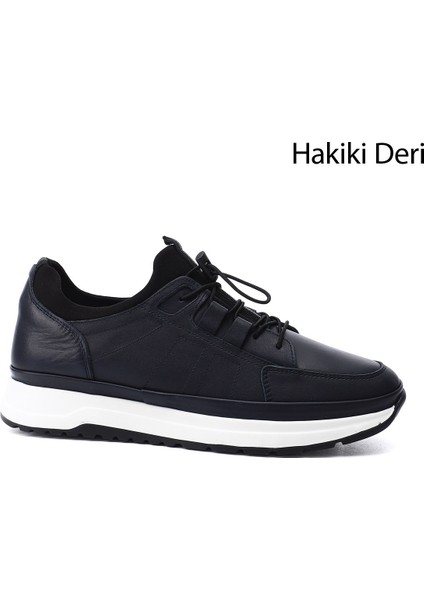 Erkek Lacivert Likralı Lastik Bağcıklı Hakiki Deri Comfort Sneaker