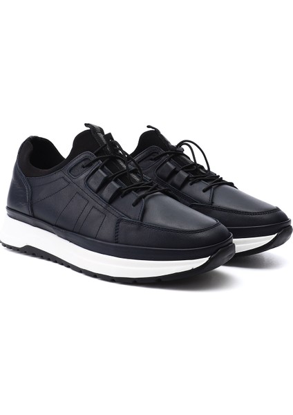 Erkek Lacivert Likralı Lastik Bağcıklı Hakiki Deri Comfort Sneaker fiyatları