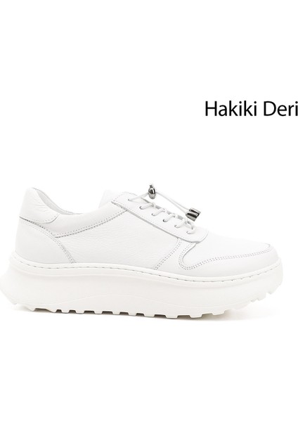 Kadın Beyaz Lastik Bağcıklı Comfort Dolgu Taban Hakiki Deri Sneaker