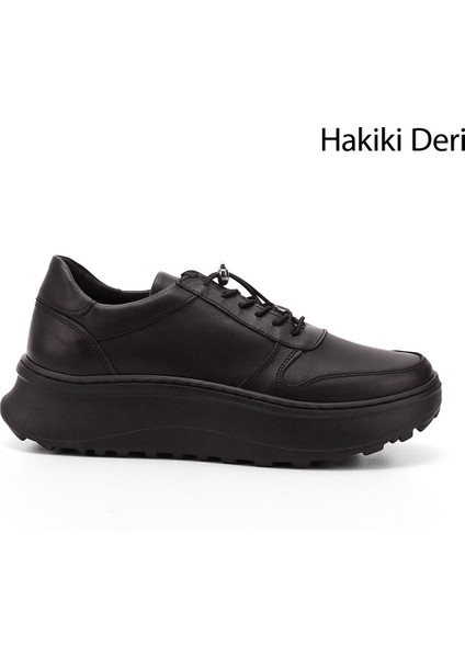 Kadın Siyah Lastik Bağcıklı Comfort Dolgu Taban Hakiki Deri Sneaker