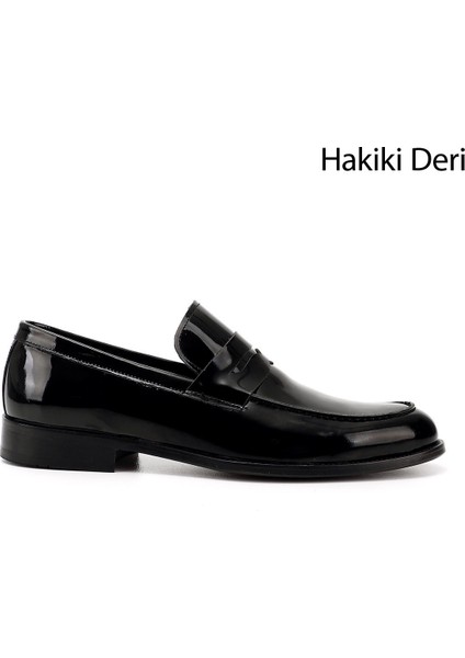 Erkek Siyah - Rugan Kösele Taban Hakiki Deri Loafer Ayakkabı
