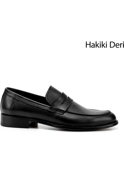 Erkek Siyah Kösele Taban Hakiki Deri Loafer Ayakkabı