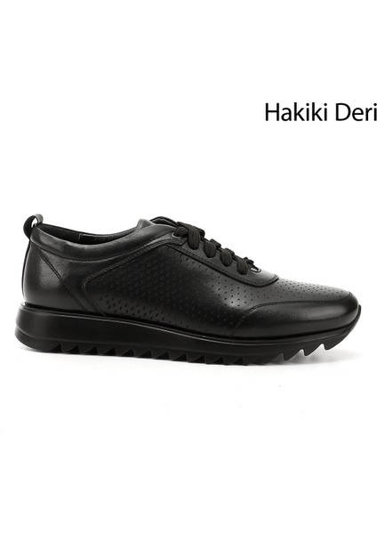 Erkek Siyah Hakiki Deri Bağcıklı Sneaker