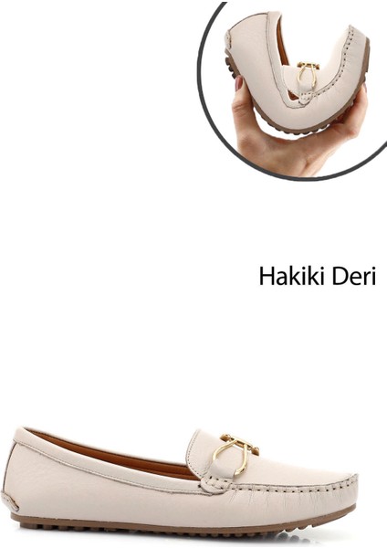Kadın Bej Tokalı Rok Hakiki Deri Comfort Loafer