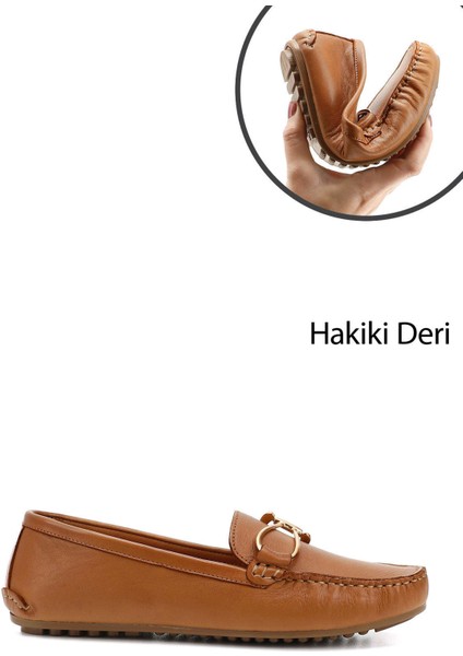 Kadın Taba Antik Tokalı Rok Hakiki Deri Comfort Loafer