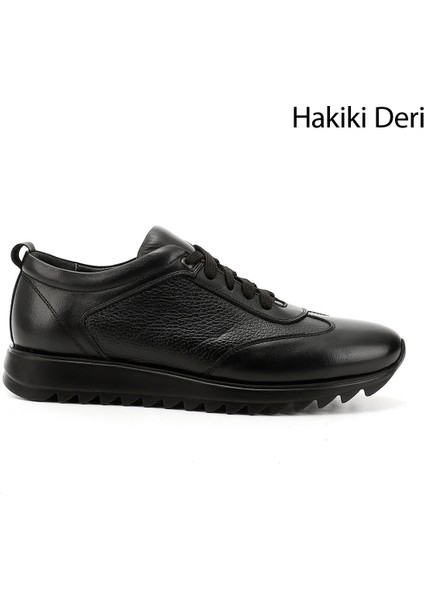Erkek Siyah Hakiki Deri Bağcıklı Sneaker